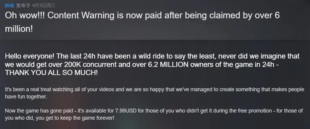 首日免费送出620万份!“限时免费”的《Content Warning》能否开创Steam多人游戏发行新模式?
