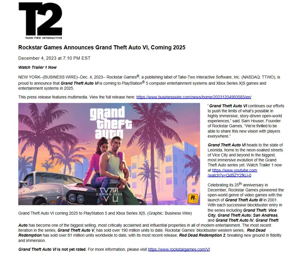 游戏圈紫微星终于现真身!《GTA6》官宣2025年发售