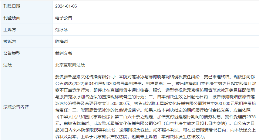 **诉山寨主播获赔53万 撞脸明星再起争端