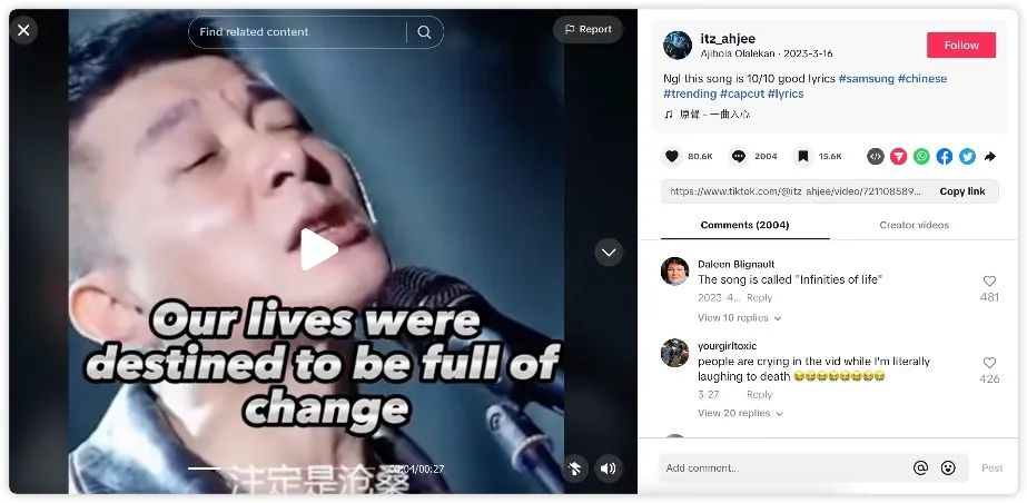 中文神曲席卷TikTok:《今生缘》洗脑数千万老外,播放量破亿